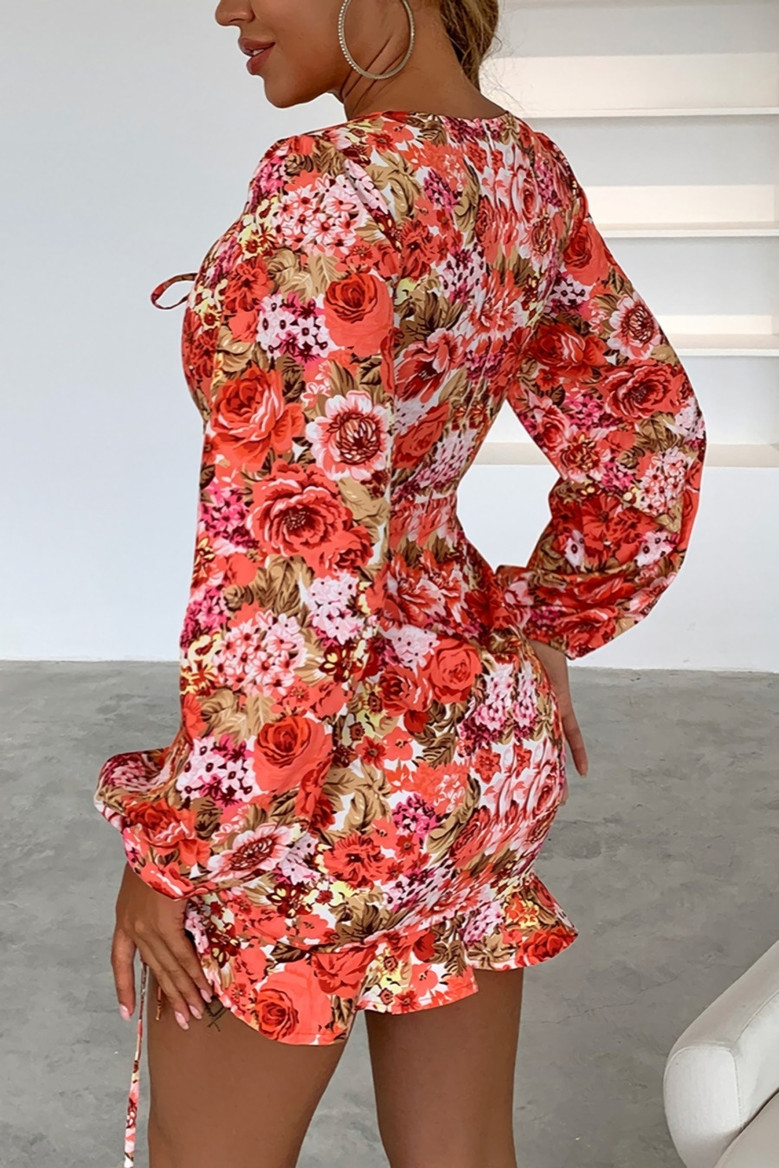 Spring & Summer New V-Neck Floral Batch Printing Stretch Hollow Smocked Frill Trim Lace Up Stylish Retro Mini Dress Sexy Dresses