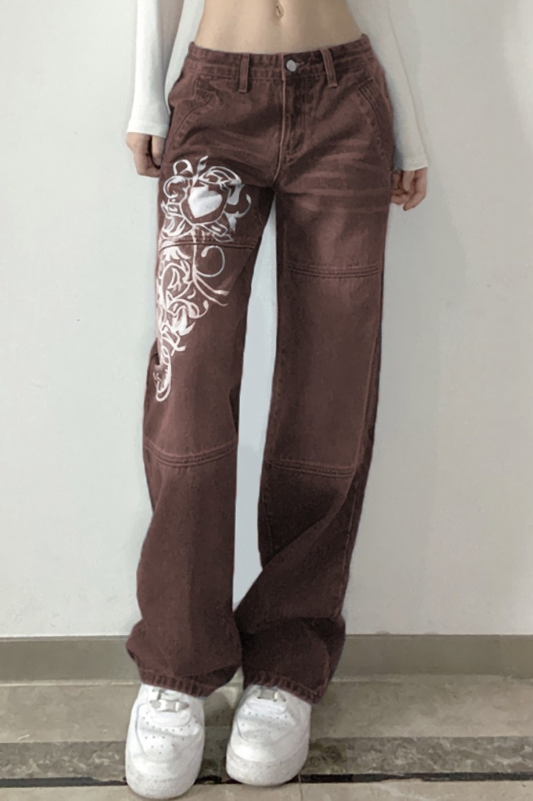 Spring Three Colors Fixed Printing Micro-Elastic Pockets Button Zip-Up Stylish Straight Jeans (Without Belt)