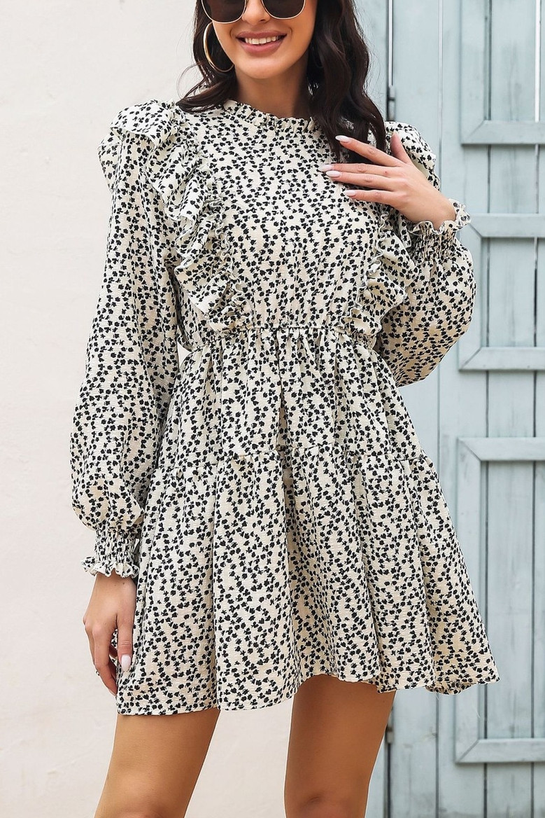 Spring Two Colors Floral Printing Micro-Elastic Ruffle Stylish Casual Vacation Style Mini Dress