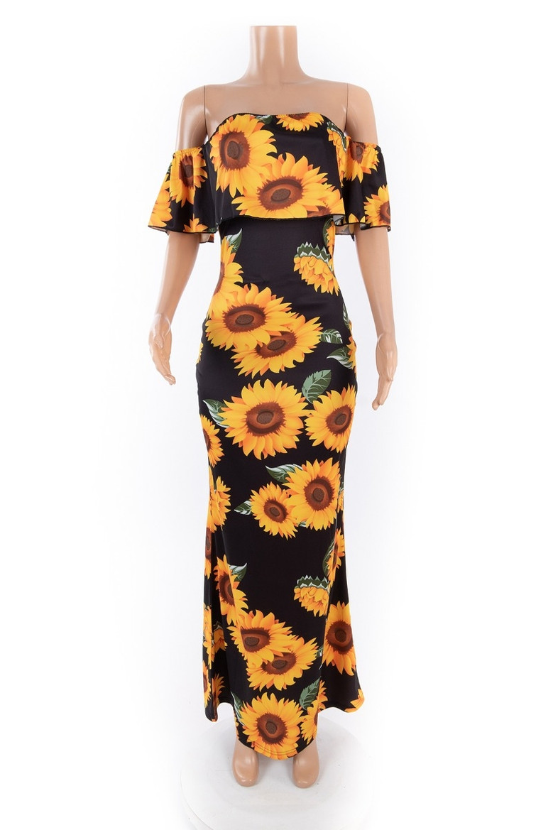 Stylish New Plus Size Batch Printing Flowers Stretch Off Shoulder Dress
