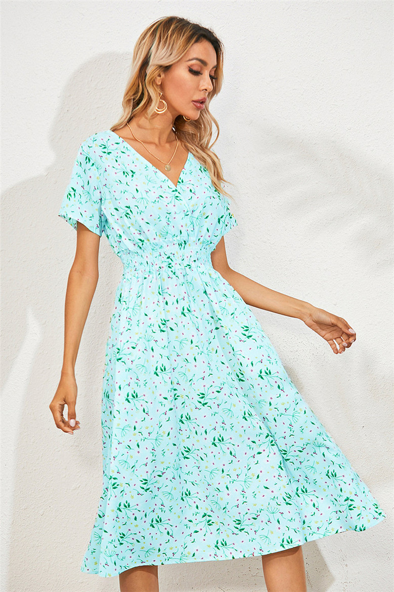 Summer 9 Colors Short-Sleeve Floral Batch Print V-Neck New Stylish Holiday Dress