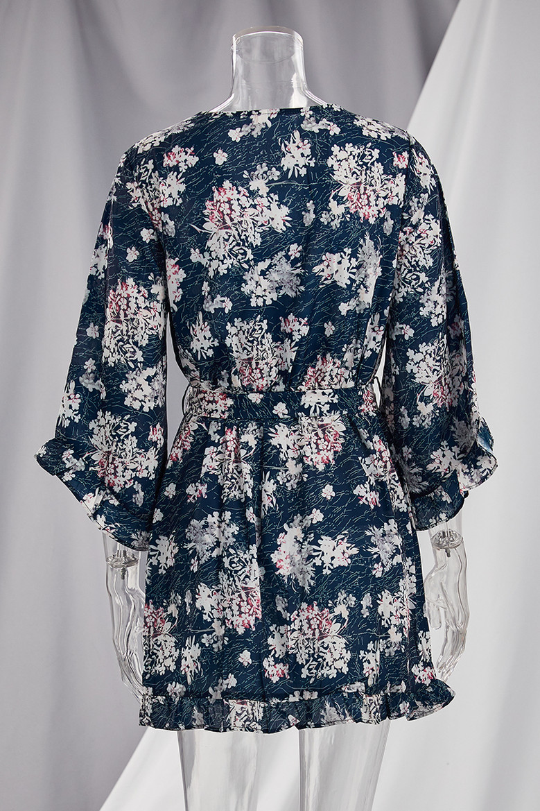 Summer Autumn New Plus Size Floral Printing Micro-Elastic V-Neck Ruffle Stylish Mini Dress With Belt 2#
