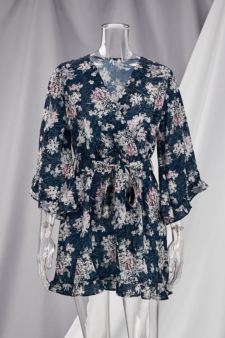 Summer Autumn New Plus Size Floral Printing Micro-Elastic V-Neck Ruffle Stylish Mini Dress With Belt 2#