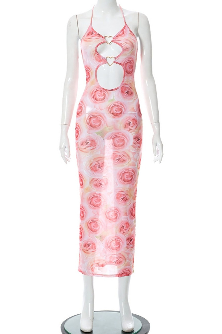 Summer Fashion Mesh Batch Printing Halter-Neck Lace-Up Heart Shape Connected Cutout Stretch Sexy Midi Dress