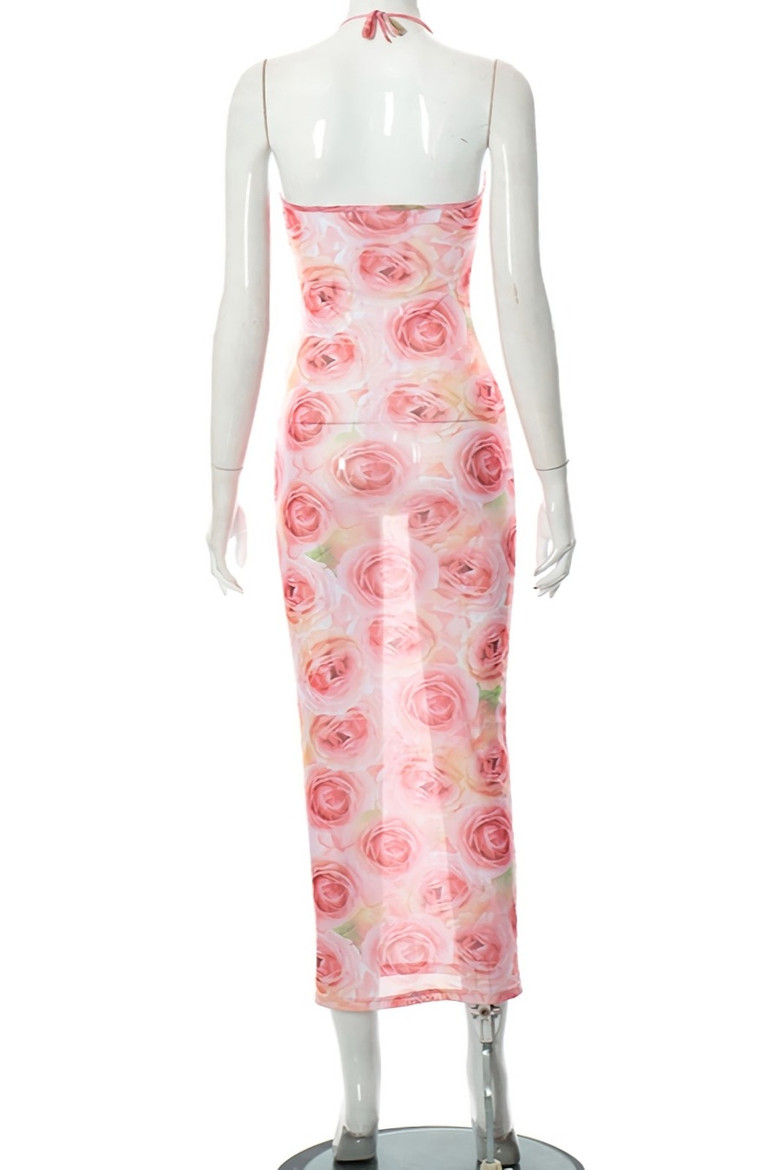Summer Fashion Mesh Batch Printing Halter-Neck Lace-Up Heart Shape Connected Cutout Stretch Sexy Midi Dress