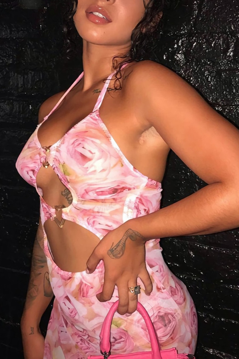 Summer Fashion Mesh Batch Printing Halter-Neck Lace-Up Heart Shape Connected Cutout Stretch Sexy Midi Dress
