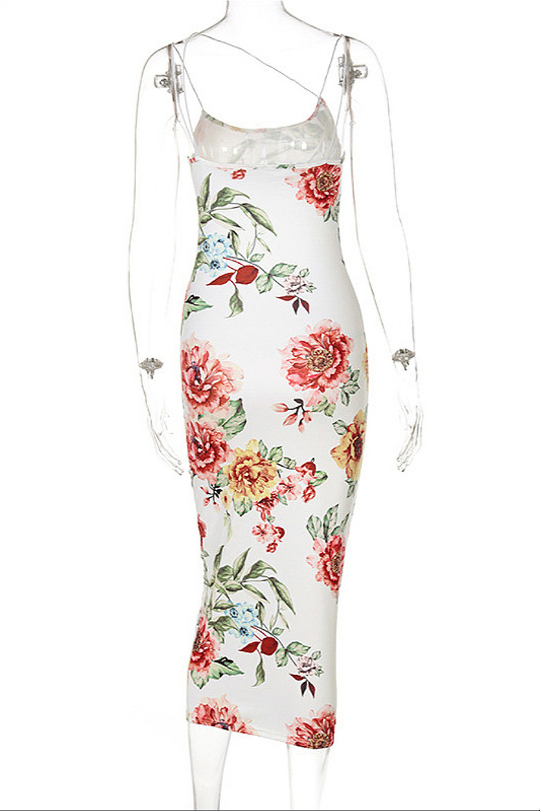 Summer Flower Batch Printing Stretch Sling Stylish Minimalist Bodycon Midi Dress