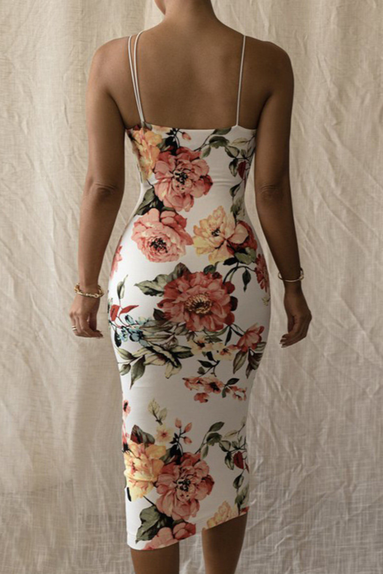 Summer Flower Batch Printing Stretch Sling Stylish Minimalist Bodycon Midi Dress