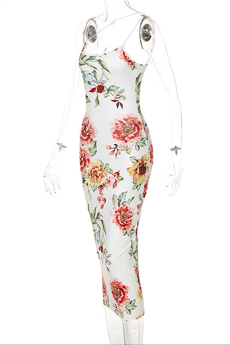 Summer Flower Batch Printing Stretch Sling Stylish Minimalist Bodycon Midi Dress