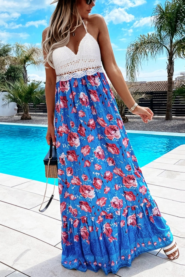 Summer New 2 Colors Crochet Floral Printing Patchwork Mirco-Elastic Halter-Neck Lace Up Swing Stylish Holiday Spaghettti String Maxi Dress