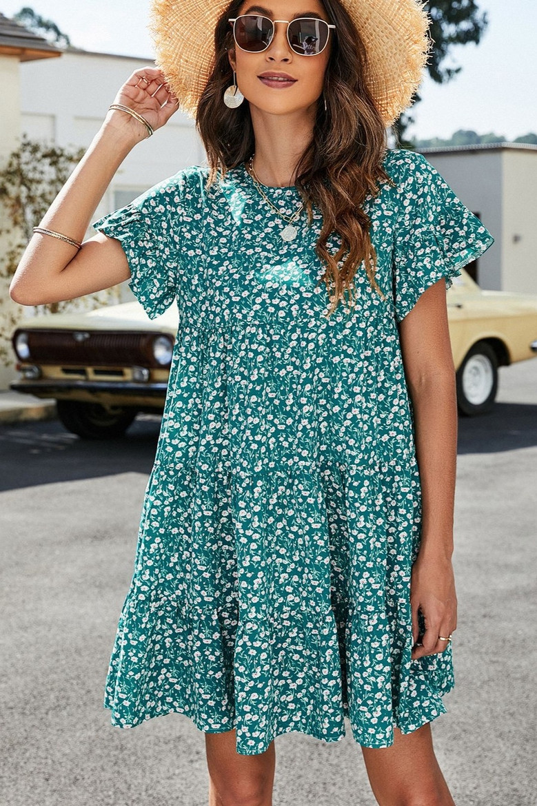 Summer New 2 Colors Floral Printing Pleated Round Neck Short Sleeve Loose Casual Inelastic Mini Dress