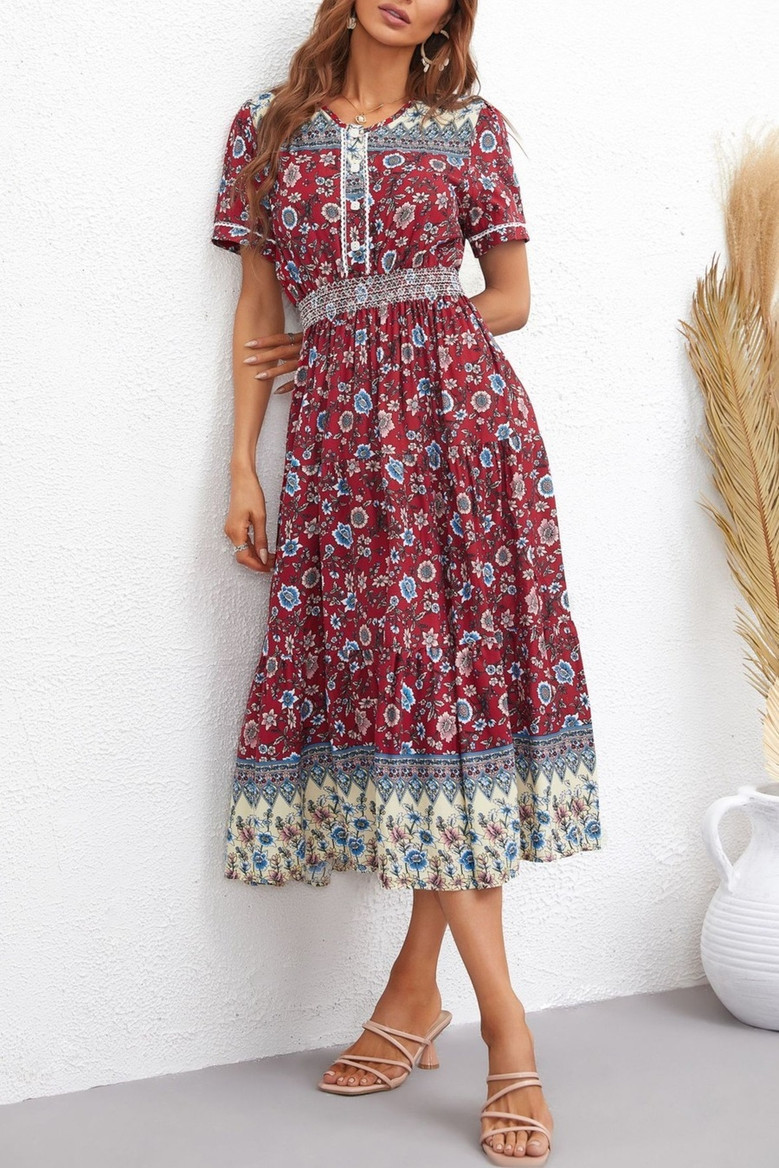 Summer New 3 Colors Flower Batch Printing Single-Breasted Inelastic Short Sleeves Casual Midi Dress