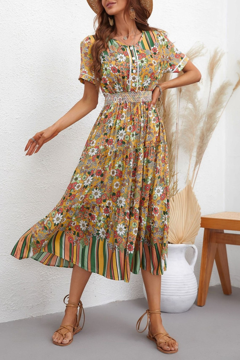 Summer New 3 Colors Flower Printing Inelastic Short Sleeves Single-Breasted Casual Midi Dress