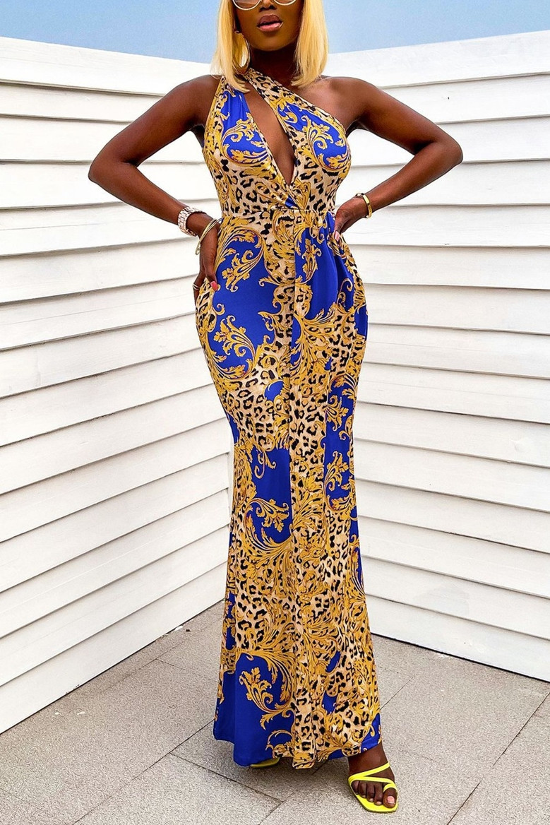 Summer New 3 Colors One Shoulder Cutout Floral Batch Printing Slit Casual Micro-Elastic Maxi Dress