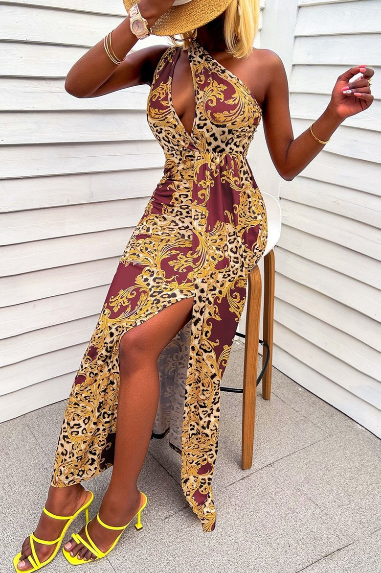 Summer New 3 Colors One Shoulder Cutout Floral Batch Printing Slit Casual Micro-Elastic Maxi Dress