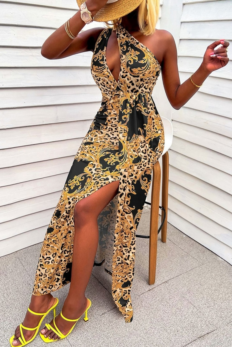 Summer New 3 Colors One Shoulder Cutout Floral Batch Printing Slit Casual Micro-Elastic Maxi Dress