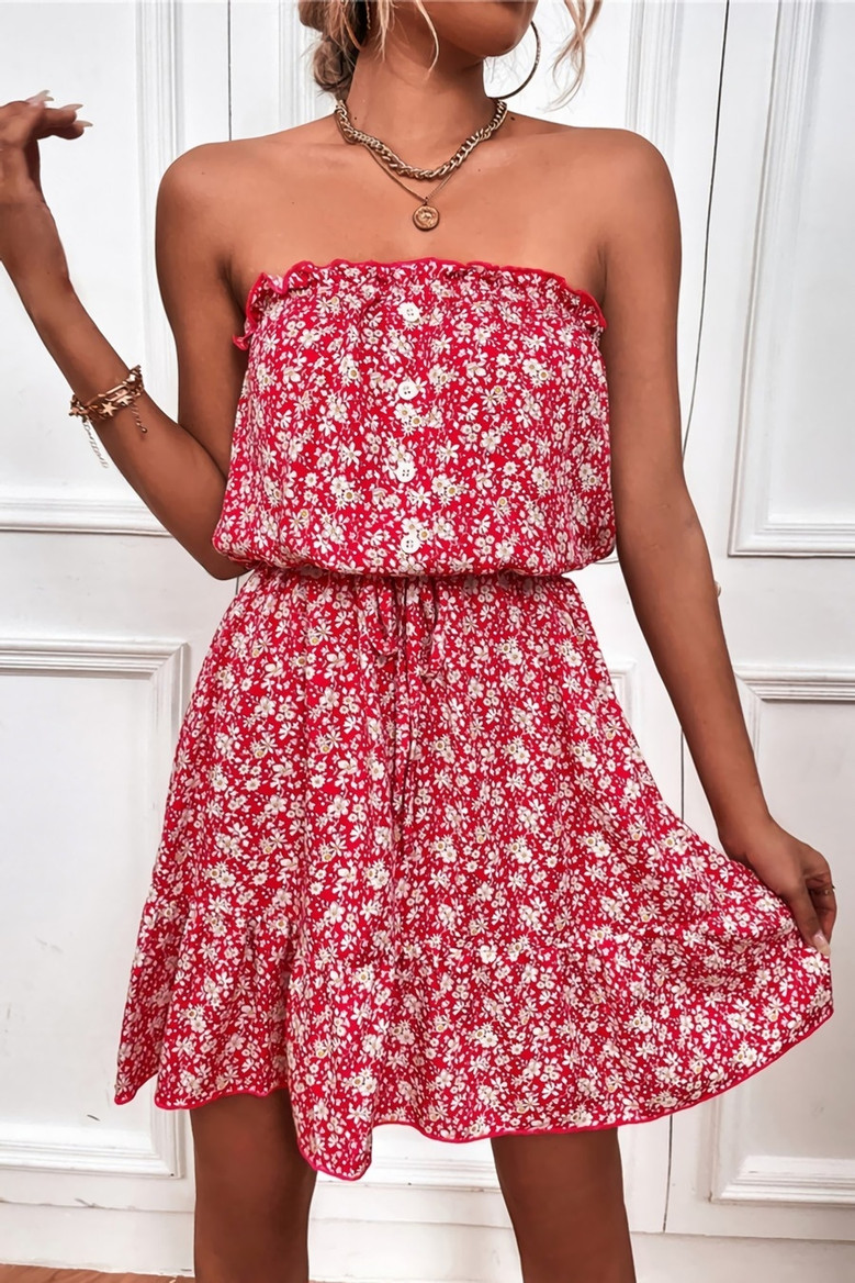 Summer New 4 Colors Allover Floral Printing Micro-Elastic Tube Design Tie-Waist Stylish Vacation Style Mini Dress