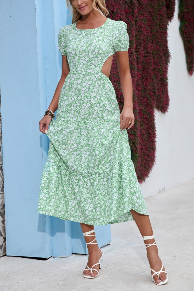Summer New 4 Colors Chiffon Floral Batch Printing Micro-Elastic Hollow Ruffle Backless Lace Up Botton Swing Stylish Bohemian Holiday Midi Dress Floral Dresses