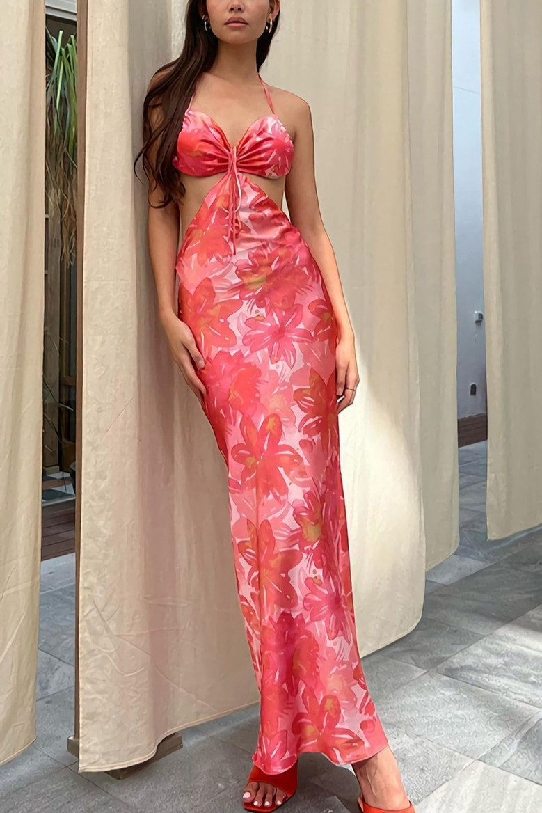 Summer New Fashion Flower Batch Printing Cutout Halter-Neck Lace-Up Backless Stretch Resort Maxi Dress