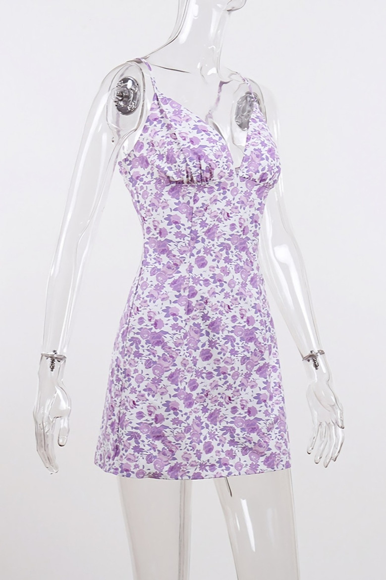 Summer New Floral Batch Printing Ajustable Sling V-Neck Zip-Up Micro-Elastic Mini Dress