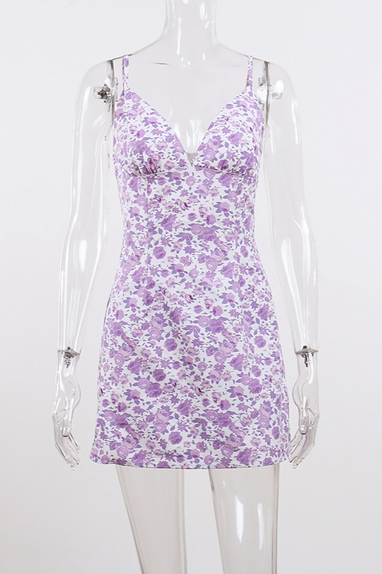 Summer New Floral Batch Printing Ajustable Sling V-Neck Zip-Up Micro-Elastic Mini Dress