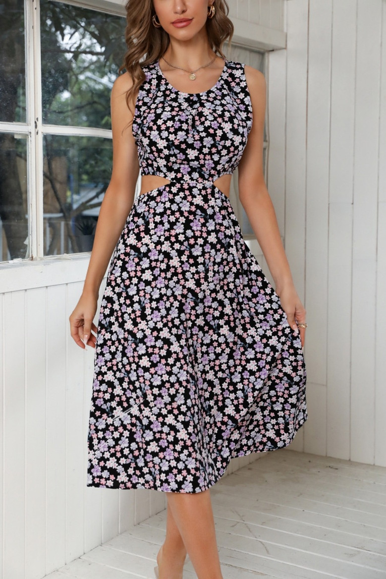Summer New Floral Batch Printing Chiffon Micro-Elastic Hollow Strappy Swing Stylish Holiday Midi Dress