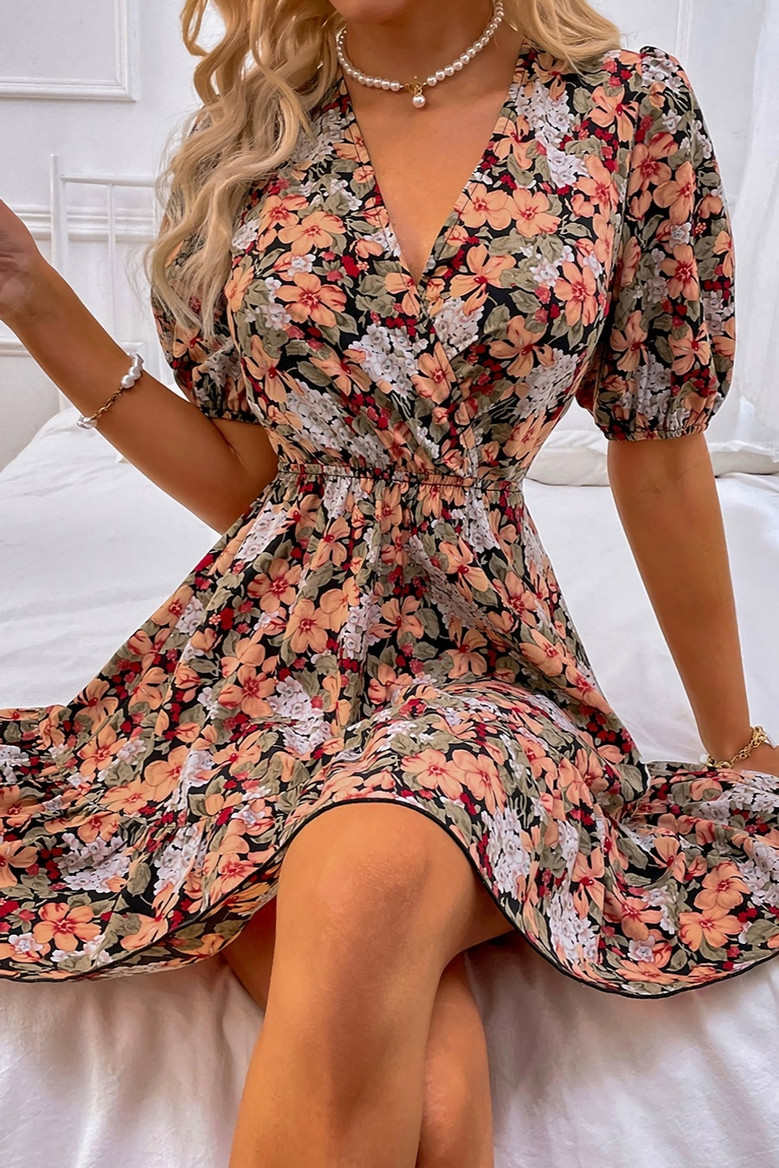 Summer New Floral Batch Printing Inelastic Backless Lace-Up V-Neck Sexy Vacation Mini Dress