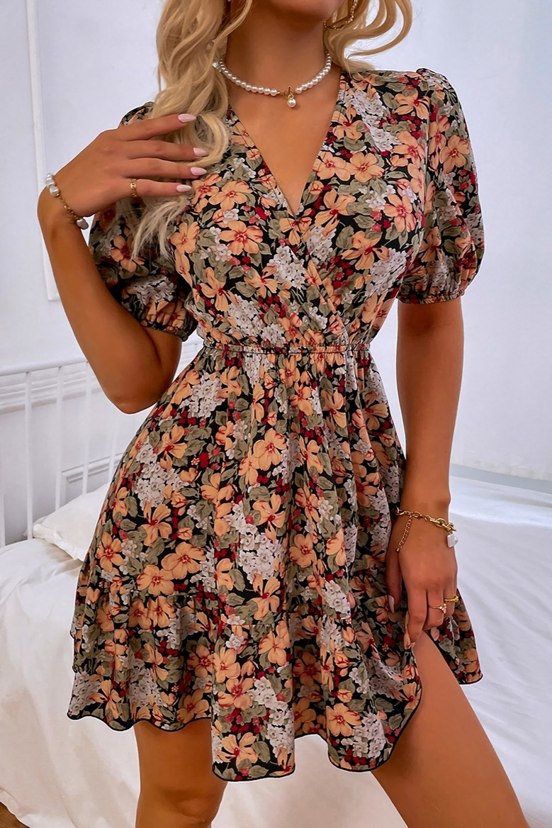 Summer New Floral Batch Printing Inelastic Backless Lace-Up V-Neck Sexy Vacation Mini Dress