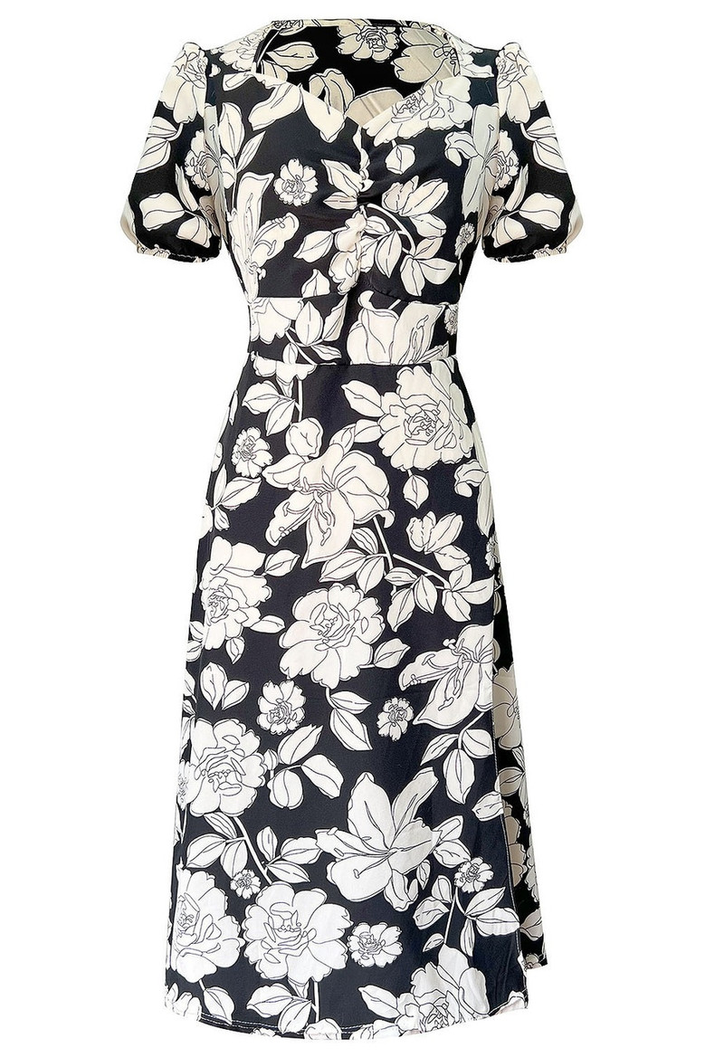 Summer New Floral Batch Printing Inelastic Puff Sleeves V-Neck Shirring High Slit Stylish Retro Midi Dress