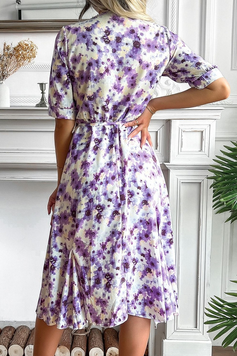 Summer New Floral Batch Printing Inelastic V Neck Nipped Waist Stylish Pretty Midi Dress(With Belt)