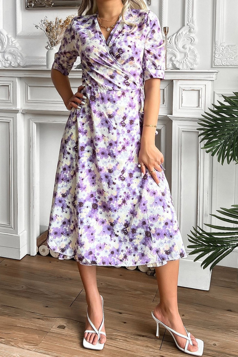Summer New Floral Batch Printing Inelastic V Neck Nipped Waist Stylish Pretty Midi Dress(With Belt)