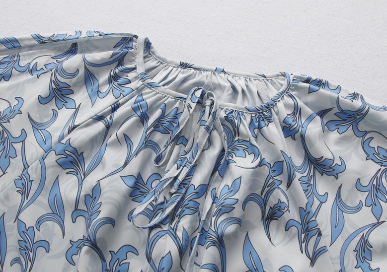 Summer New Floral Batch Printing Micro-Elastic Neck-Tie Hollow Shirring Silt Stylish Holiday Midi Dress