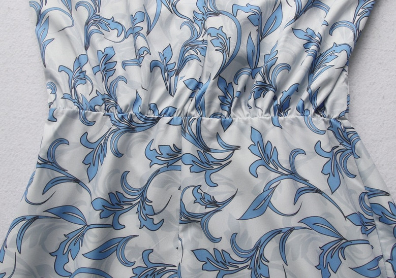 Summer New Floral Batch Printing Micro-Elastic Neck-Tie Hollow Shirring Silt Stylish Holiday Midi Dress
