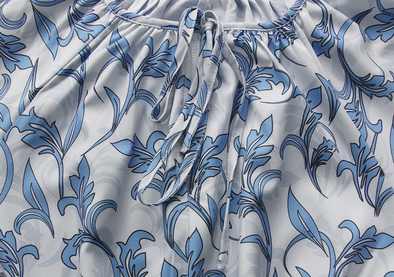 Summer New Floral Batch Printing Micro-Elastic Neck-Tie Hollow Shirring Silt Stylish Holiday Midi Dress