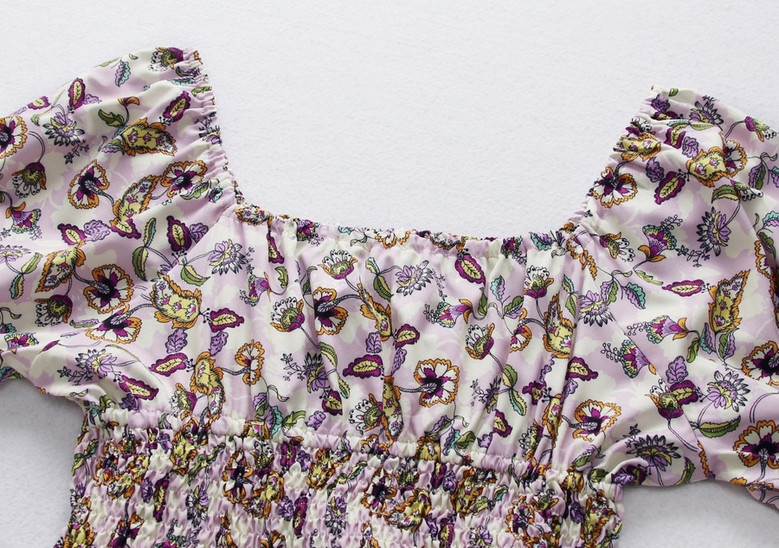 Summer New Floral Batch Printing Micro-Elastic Suqure Neck Puff Sleeves Smocked Swing Stylish Holiday Midi Dress