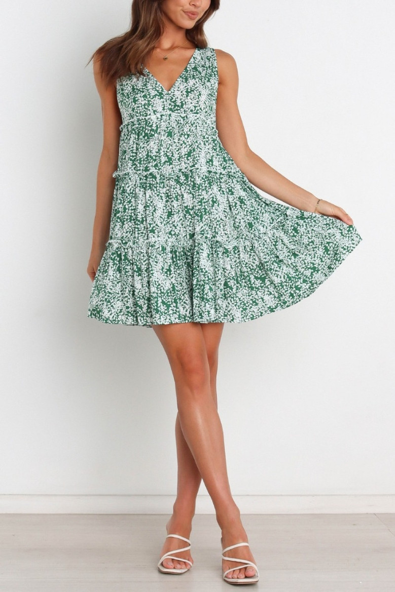 Summer New Floral Batch Printing Micro-Elastic V-Neck Backless Stylish Sexy Vacation Style Mini Dress