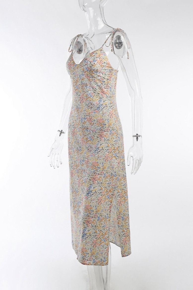 Summer New Floral Batch Printing Sling Lace-Up Sexy Slit Zip-Up Stretch Midi Dress