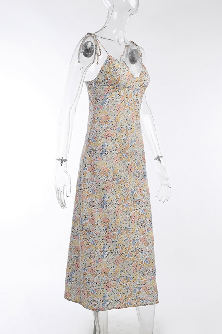 Summer New Floral Batch Printing Sling Lace-Up Sexy Slit Zip-Up Stretch Midi Dress