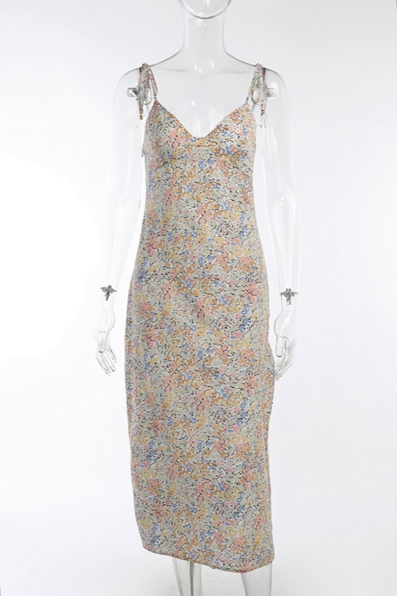 Summer New Floral Batch Printing Sling Lace-Up Sexy Slit Zip-Up Stretch Midi Dress