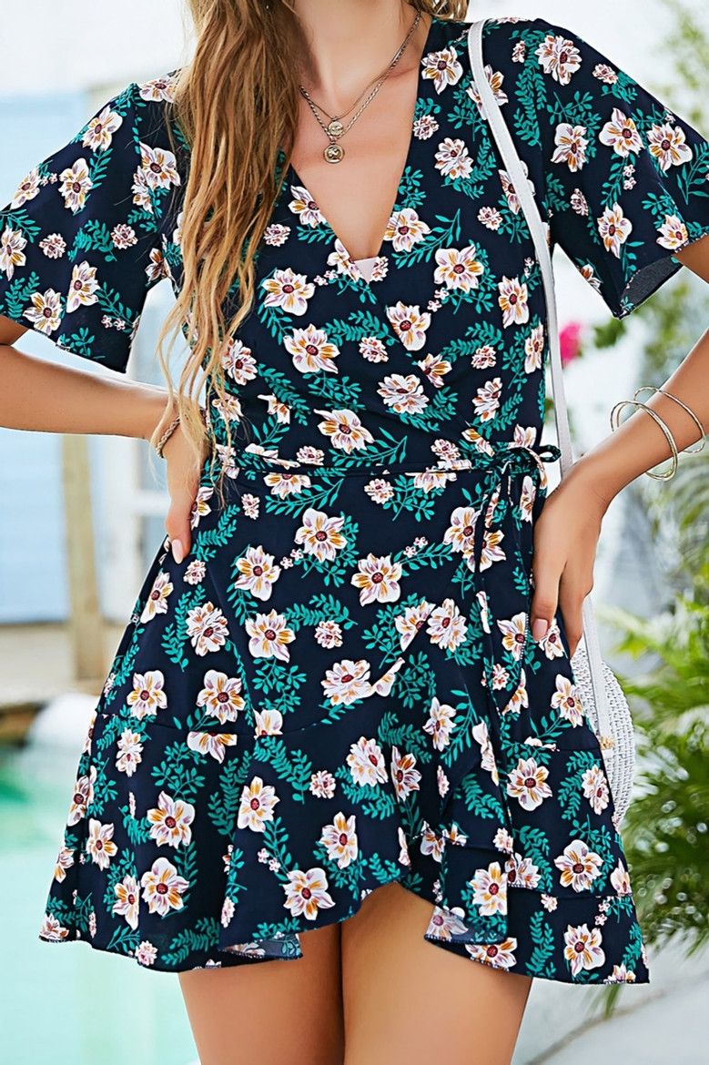 Summer New Floral & Leaf Batch Printing Chiffon Inelastic V-Neck Crossed Design Lace Up Ruffled Stylish Holiday Mini Dress