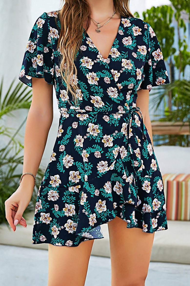Summer New Floral & Leaf Batch Printing Chiffon Inelastic V-Neck Crossed Design Lace Up Ruffled Stylish Holiday Mini Dress