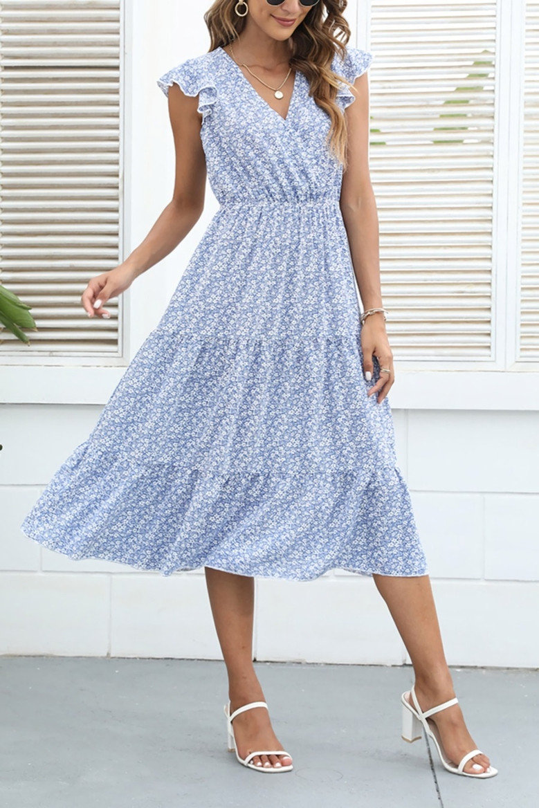 Summer New Floral Printing Inelastic Chiffon V-Neck Ruffle Stylish Casual Vacation Style Midi Dress