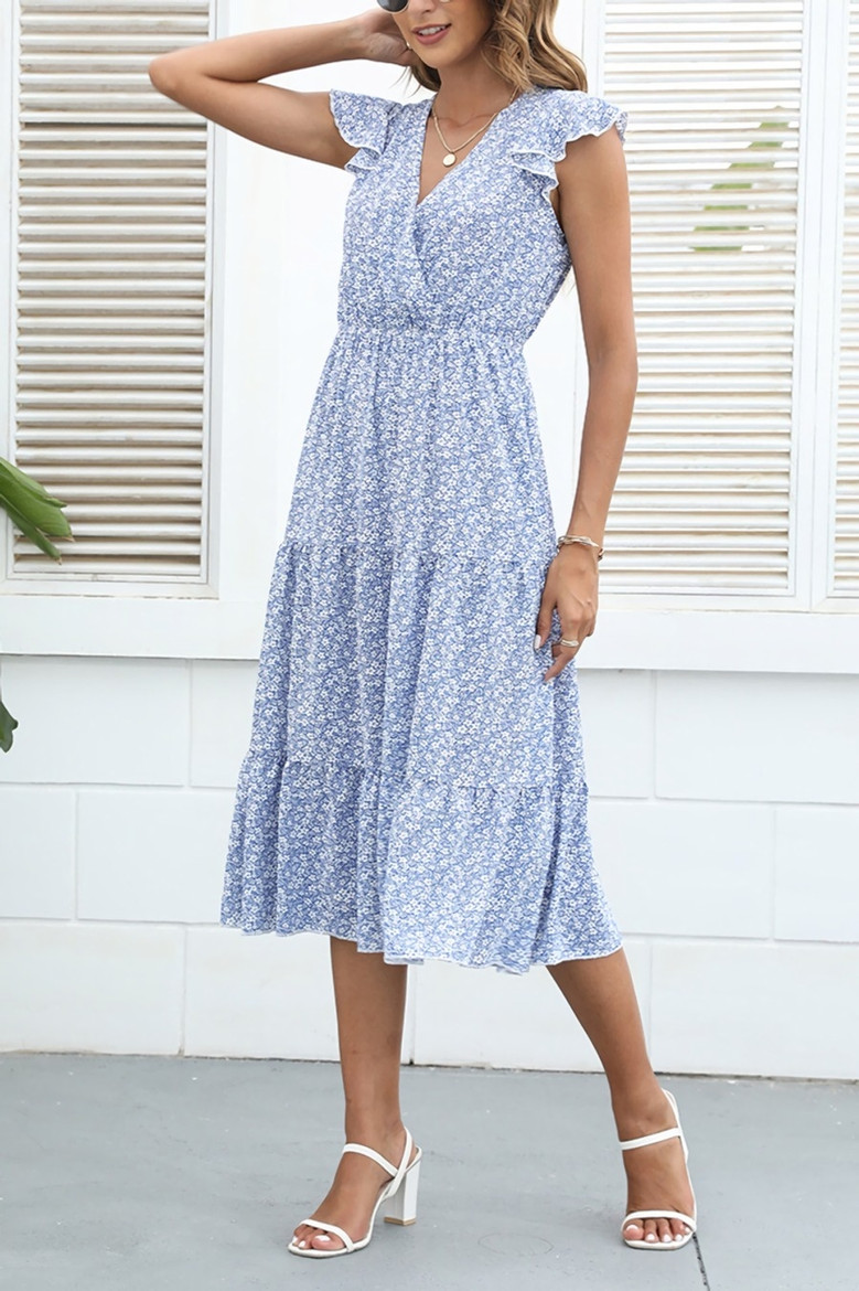 Summer New Floral Printing Inelastic Chiffon V-Neck Ruffle Stylish Casual Vacation Style Midi Dress