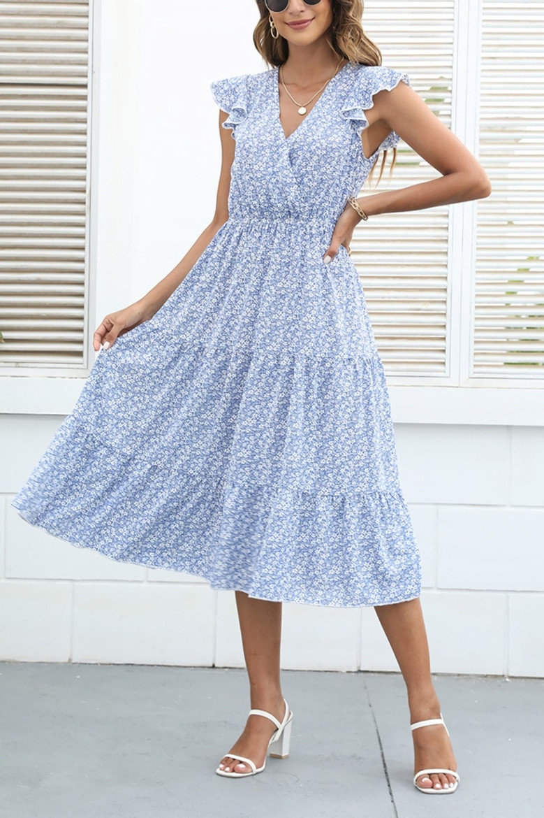 Summer New Floral Printing Inelastic Chiffon V-Neck Ruffle Stylish Casual Vacation Style Midi Dress