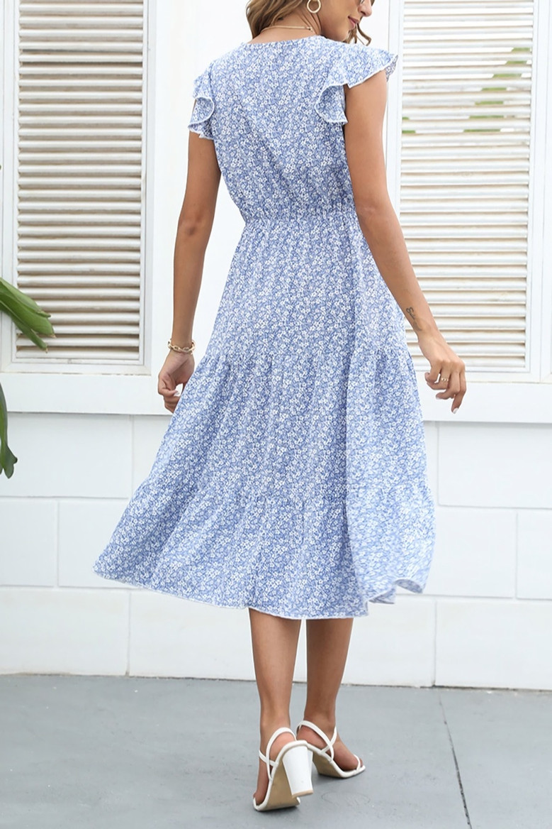 Summer New Floral Printing Inelastic Chiffon V-Neck Ruffle Stylish Casual Vacation Style Midi Dress