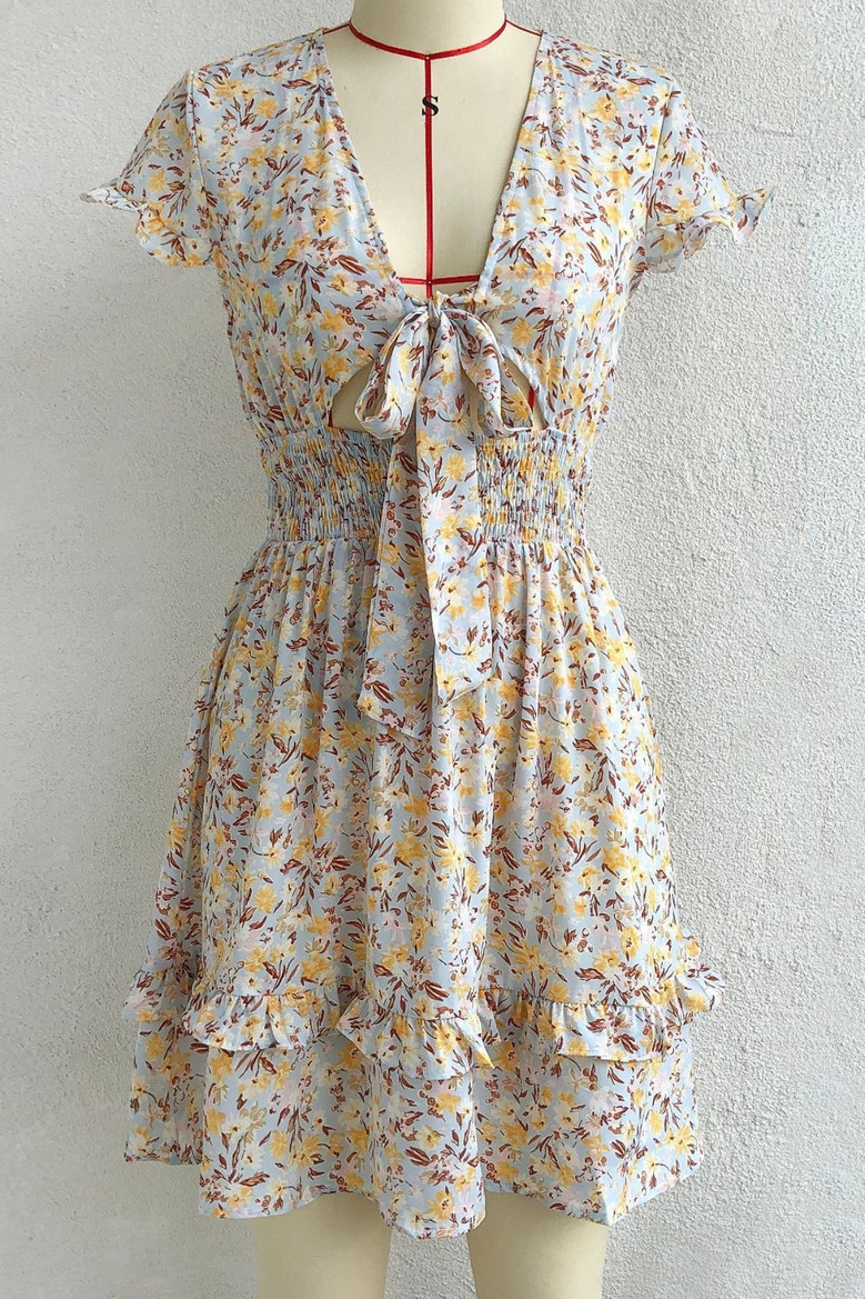 Summer New Floral Printing Inelastic V-Neck Bowknot Frill Trim Sexy Sweet Mini Dress 2#