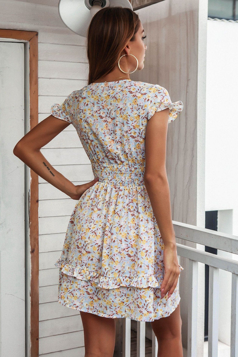 Summer New Floral Printing Inelastic V-Neck Bowknot Frill Trim Sexy Sweet Mini Dress 2#
