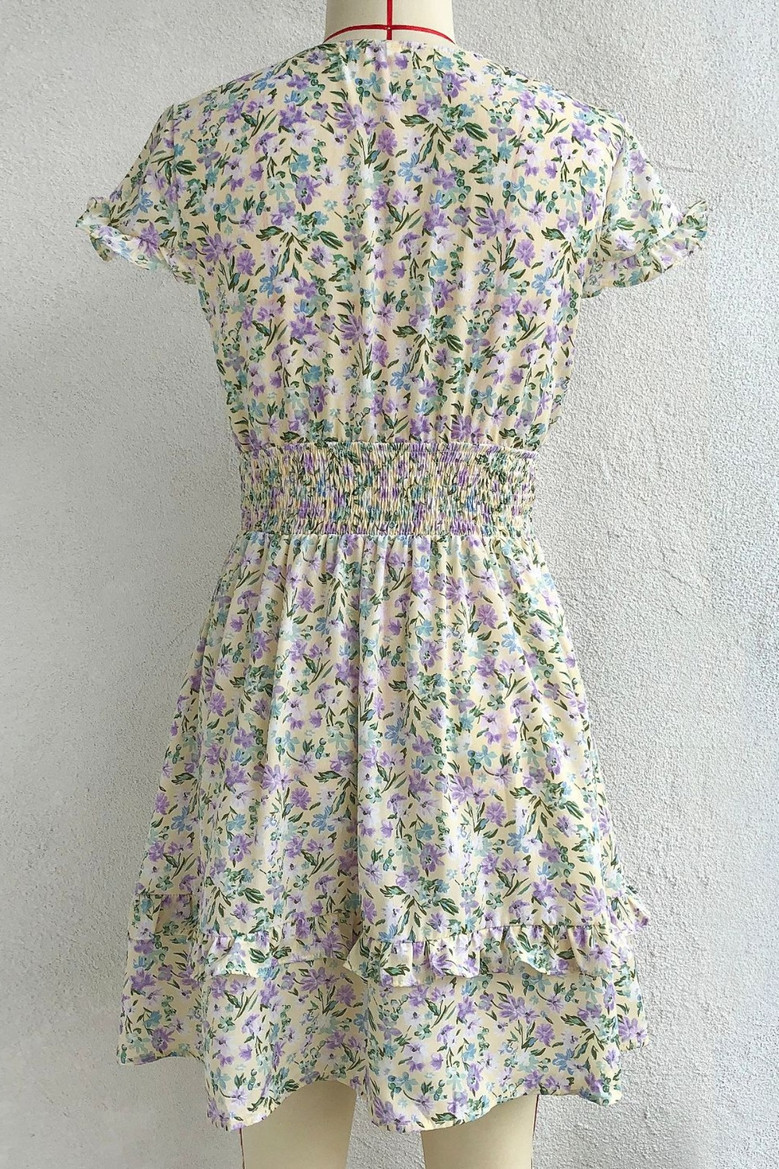 Summer New Floral Printing Inelastic V-Neck Bowknot Frill Trim Sexy Sweet Mini Dress 3#