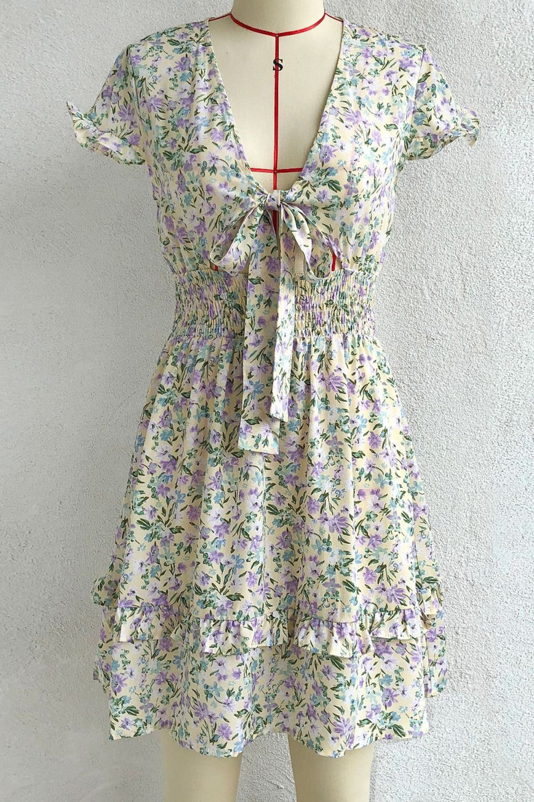 Summer New Floral Printing Inelastic V-Neck Bowknot Frill Trim Sexy Sweet Mini Dress 3#