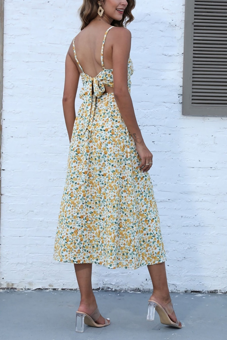 Summer New Floral Printing Micro-Elastic Backless Sling Hollow Out Kink Tied High Split Sexy Vacation Style Midi Dress